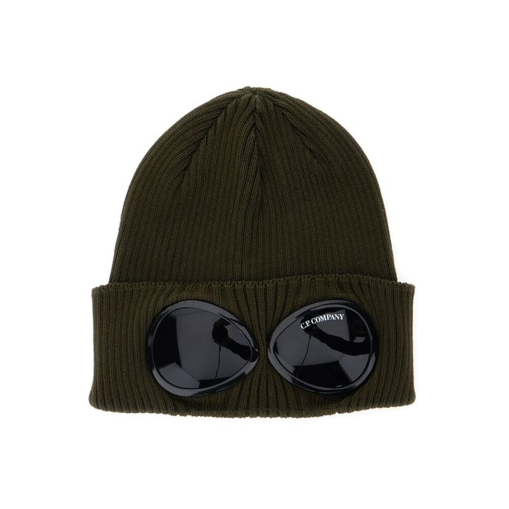 C.P. Company Men Green Knit Beanie With Google Detail On The Front In Cotton Man